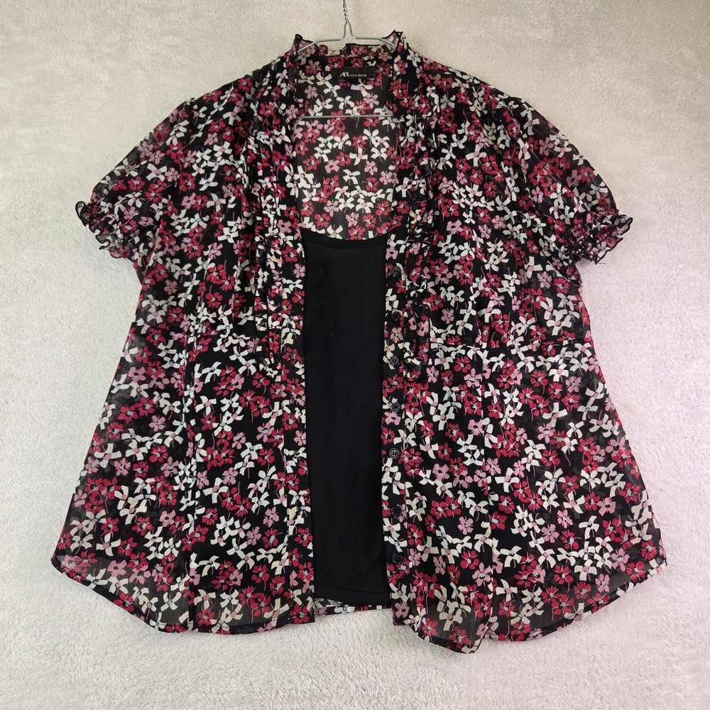 AB Studio Womens XL Floral Sheer Button Down Blouse with Black Camisole Set